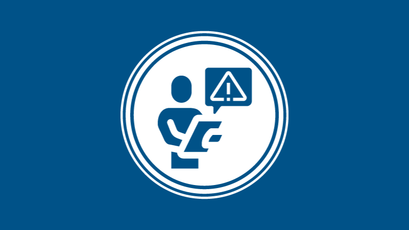 CDIR icon with a man reading a clipboard and a speech bubble with a caution sign